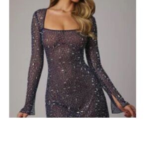 Oh Polly Navy Sheer Glitter Long Sleeve Bodycon Dress